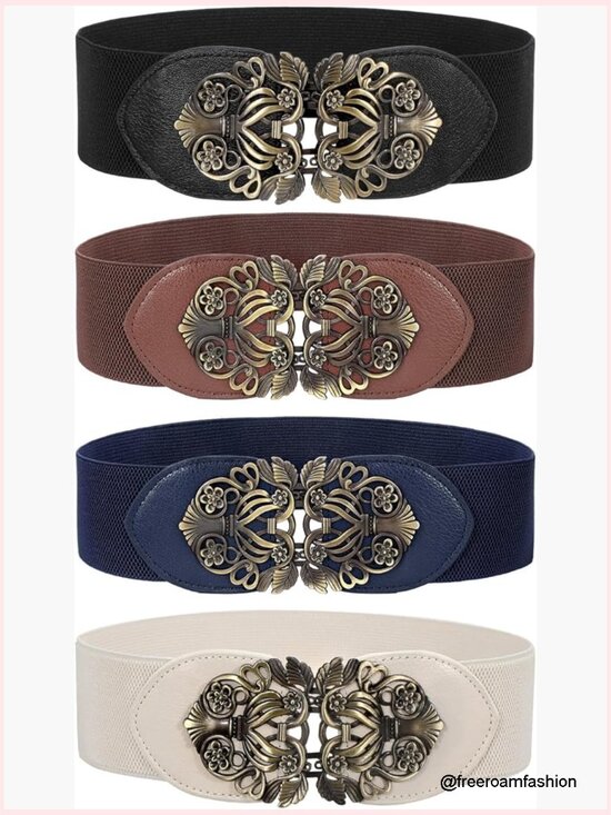 Vintage Wide Waist Belt Set - Elastic Stretch Belt with Retro Interlocking